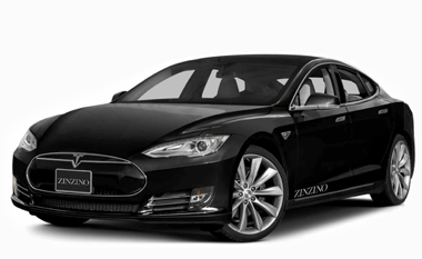 A black Tesla car with the Zinzino name down the side of the door