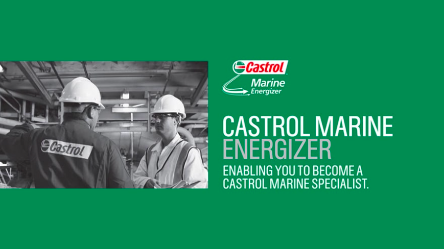 banner saying castrol marine energizer with 2 men in castrol overalls and hard hats
